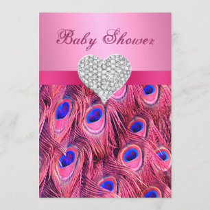Pink Peacock Diamond Heart Baby Dusche Einladung