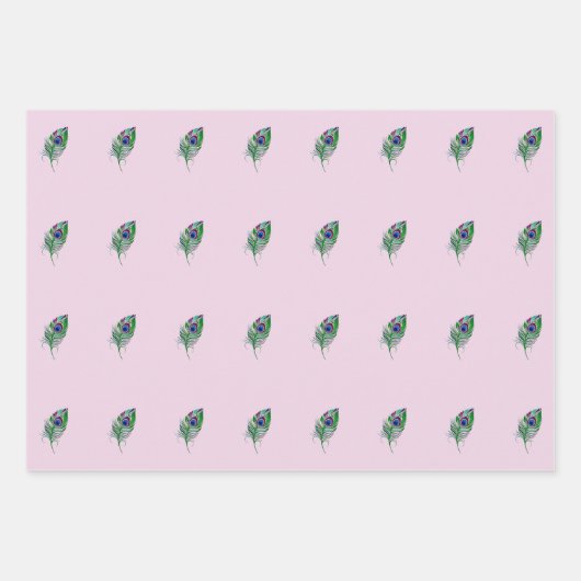 Pink Peacock Feather Wrapping Paper Geschenkpapier Set (Vorderseite 2)