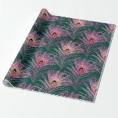 Pink Peacock Feathers on Green Geschenkpapier (Ungerollt)