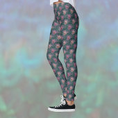 Pink Peacock Feathers Pretty Pattern on Deep Green Leggings