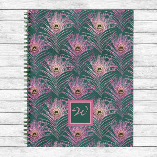 Pink Peacock Feathers und Monogram on Deep Green Notizblock