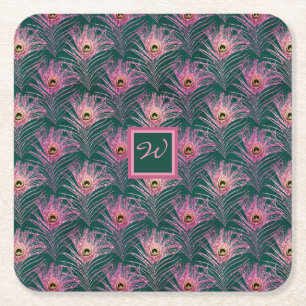 Pink Peacock Feathers und Monogram on Deep Green Rechteckiger Pappuntersetzer