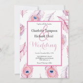 Pink Peacock Feathers Wedding Einladung (Vorderseite)