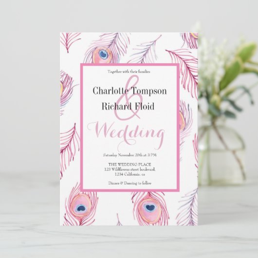 Pink Peacock Feathers Wedding Einladung (Stehend Vorderseite)