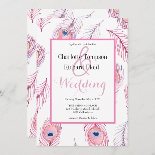 Pink Peacock Feathers Wedding Einladung (Vorne/Hinten)