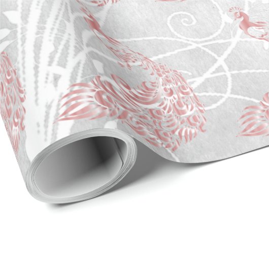 Pink Peacock Leaf Wrapping Paper Geschenkpapier (Rolleneckpunkt)
