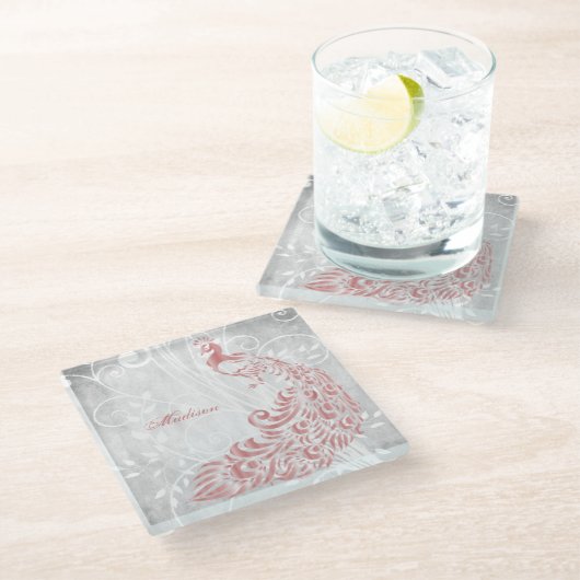 Pink Peacock Personalisiert Glasuntersetzer (Schrägansicht)