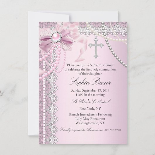 Pink Pearl Bow Cross Heilige Kommunion oder Taufe Einladung (Vorderseite)