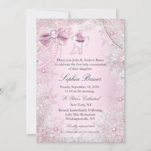 Pink Pearl Bow Cross Heilige Kommunion oder Taufe Einladung (Vorderseite)