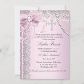 Pink Pearl Bow Cross Heilige Kommunion oder Taufe Einladung (Vorderseite)