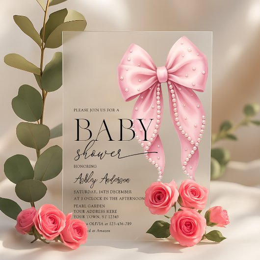 Pink Pearl Bow Girl Baby Shower Acryleinladungen