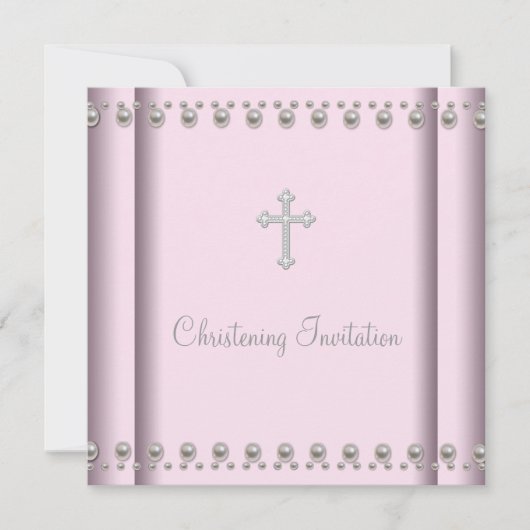 Pink Pearl Cross Baby Christening Einladung (Vorderseite)
