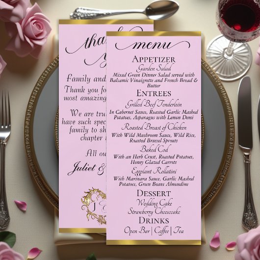 Pink Pearl/Gold - Monogramm & Danke-Menü Menükarte