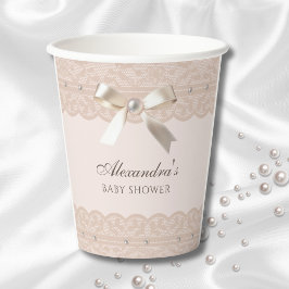 Pink Pearl Satin Bow Regency Lace Baby Dusche Pappbecher