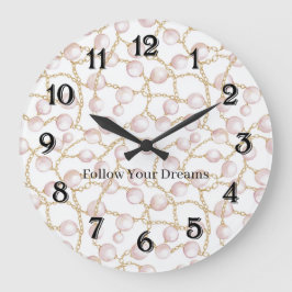 Pink Pearls Gold Chain   Große Wanduhr