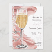 Pink Pearls & Prosecco Brunch Bubbly Brautparty Einladung (Vorderseite)