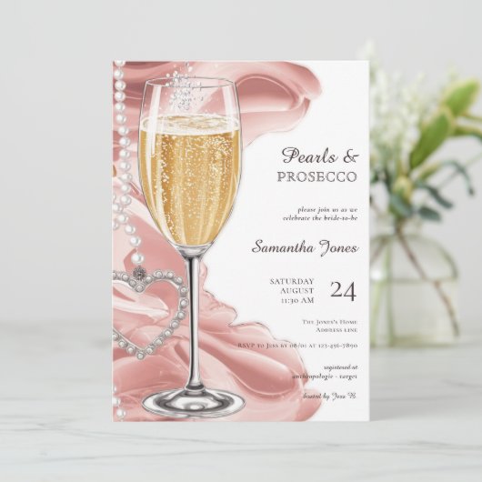 Pink Pearls & Prosecco Brunch Bubbly Brautparty Einladung (Stehend Vorderseite)