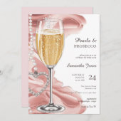 Pink Pearls & Prosecco Brunch Bubbly Brautparty Einladung (Vorne/Hinten)