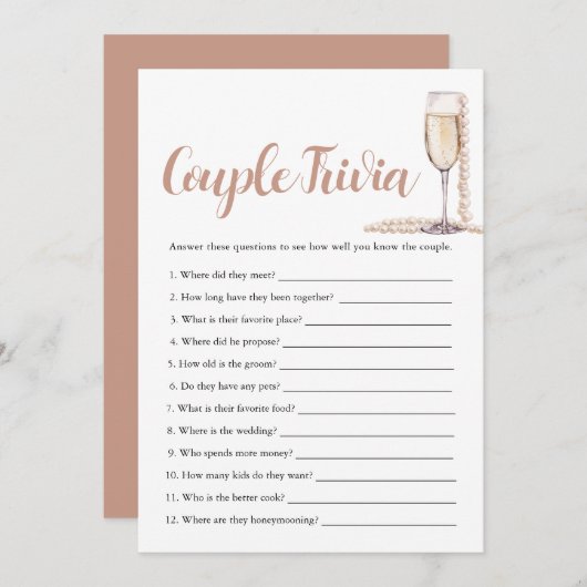 Pink Pearls & Prosecco Couple Trivia Bridal Game Einladung (Vorne/Hinten)