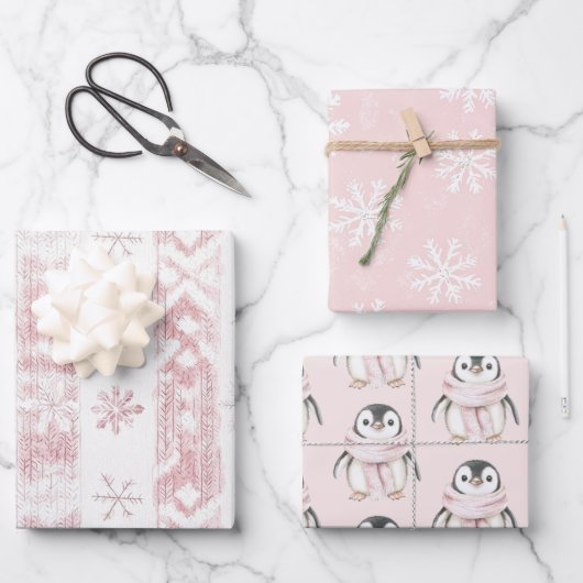 Pink Penguin Snowflakes Weihnachten Geschenkpapier Set (Vorderseite)