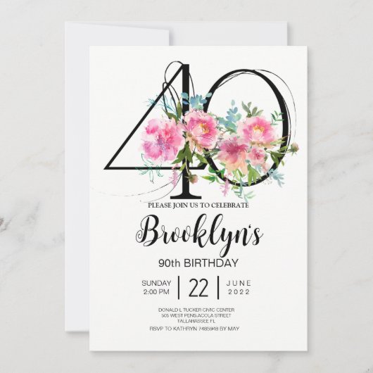 Pink Peonies 40. Geburtstag Einladung (Vorderseite)