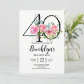 Pink Peonies 40. Geburtstag Einladung (Stehend Vorderseite)