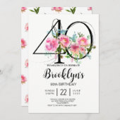 Pink Peonies 40. Geburtstag Einladung (Vorne/Hinten)