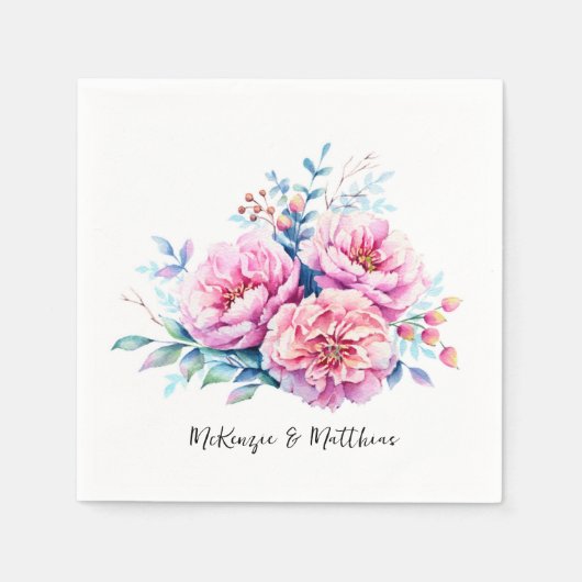 Pink Peonies Airy Watercolor Blumenhochzeit Serviette (Vorderseite)