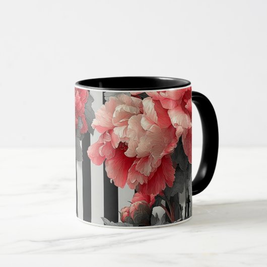 pink peonies and black and white stripes tasse (VorderseiteRechts)