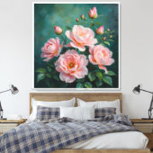 Pink Peonies Artwork on Emerald Green Leinwanddruck (Insitu (Schlafzimmer))