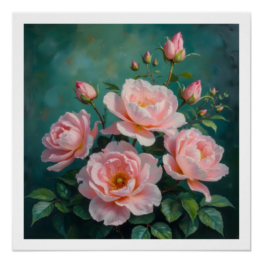 Pink Peonies Artwork on Emerald Green Poster (Vorderseite)