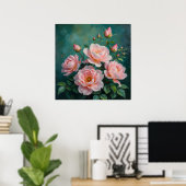 Pink Peonies Artwork on Emerald Green Poster (Heimbüro)