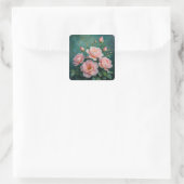 Pink Peonies Artwork on Emerald Green Quadratischer Aufkleber (Tasche)