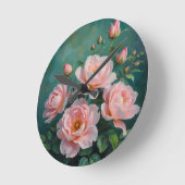Pink Peonies Artwork on Emerald Green Runde Wanduhr (Winkel)