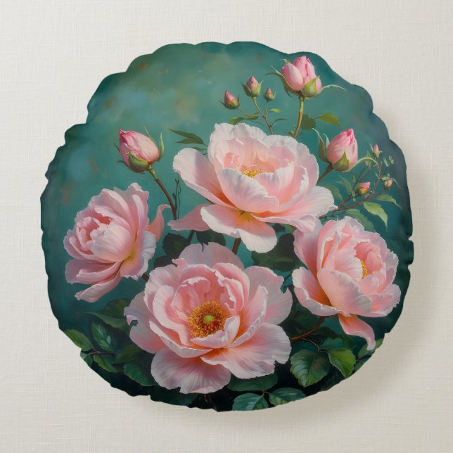 Pink Peonies Artwork on Emerald Green Rundes Kissen (Vorderseite)