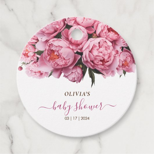 Pink Peonies Baby Dusche Geschenkanhänger (Vorderseite)