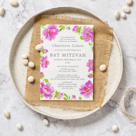 Pink Peonies Bat Mitzvah Einladung
