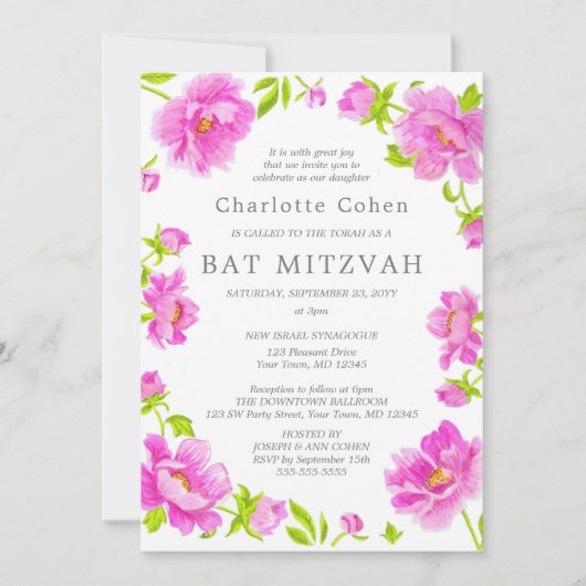 Pink Peonies Bat Mitzvah Einladung (Vorderseite)
