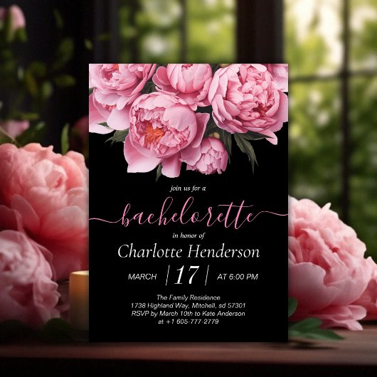 Pink Peonies Black Junggeselinnen-Abschied Einladung