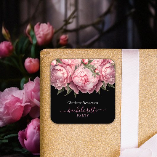 Pink Peonies Black Junggeselinnen-Abschied Quadratischer Aufkleber