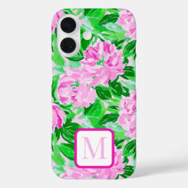 Pink Peonies Blume Muster Monogram iPhone 16 Hülle