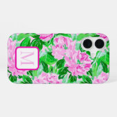Pink Peonies Blume Muster Monogram iPhone 16 Hülle (Rückseite (Horizontal))