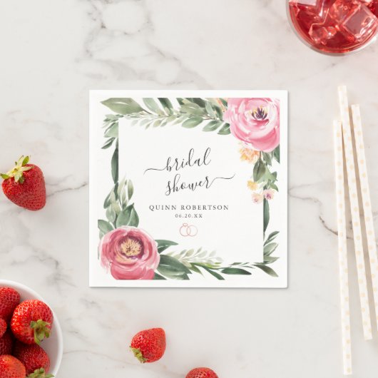 Pink Peonies Blumengebirge Brautparty Personalisie Serviette (Beispiel)