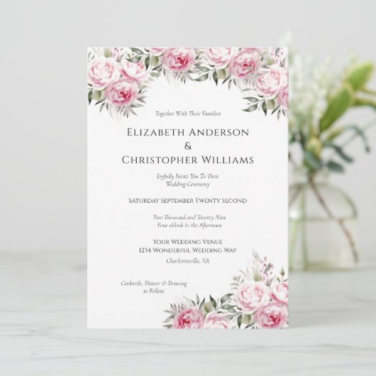 Pink Peonies Blumenzwiebeln Blume Wasserfarbenpräg Einladung (Stehend Vorderseite)