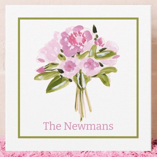 Pink Peonies Bouquet Green Border Gift Mitteilungskarte
