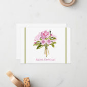 Pink Peonies Bouquet Green Border Vielen Dank Mitteilungskarte (Vorderseite/Rückseite Beispiel)