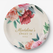 Pink Peonies Burgundy Floral Blätter Sweet 16 Pappteller (Vorderseite)