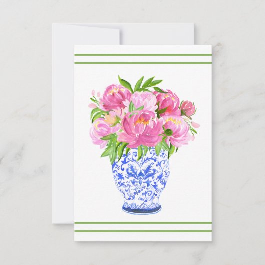 Pink Peonies Chinoiserie Vase Green Border Dankeskarte (Vorderseite)