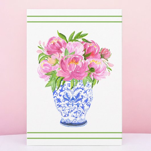 Pink Peonies Chinoiserie Vase Green Border Dankeskarte