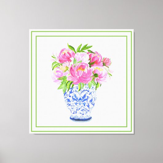 Pink Peonies Chinoiserie Vase Green Border Leinwanddruck (Vorderseite)